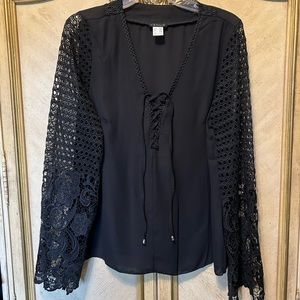 VENUS Large Semi Sheer Black Sexy V neck lace up front Floral Lace bell Sleeve